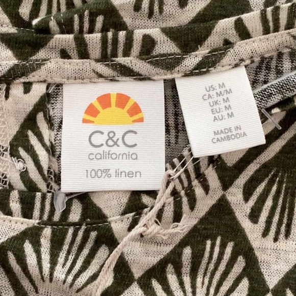 New C&C California Olive and Cream 100% Linen Leaf Print Top Blouse Medium - Picture 3 of 9